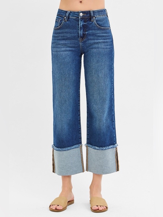 Risen Jeans Denim - PWC21289 DARK Risen Mid Rise Crop Wide Wide Cuffed Jeans